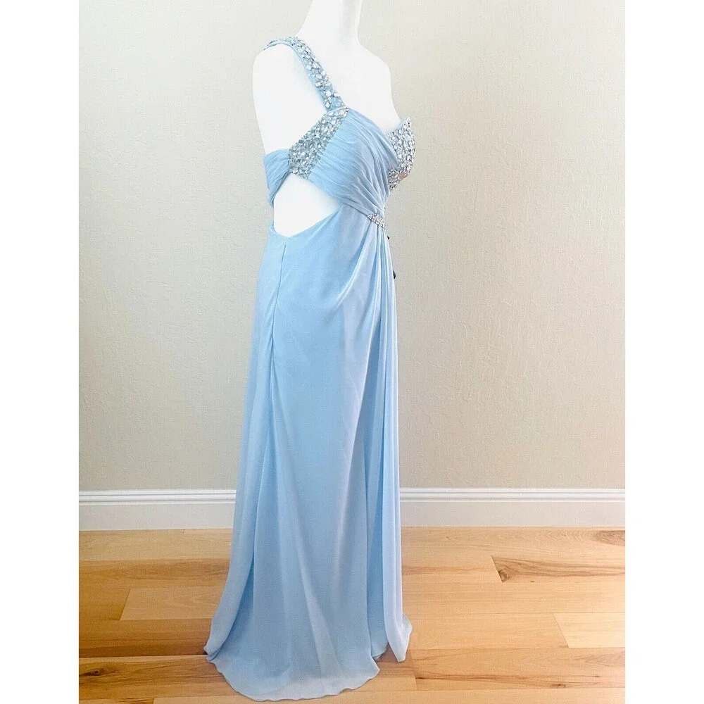 JJ's House prom gown one-shoulder chiffon beading sequin split-front cut-out wai - Picture 12 of 16